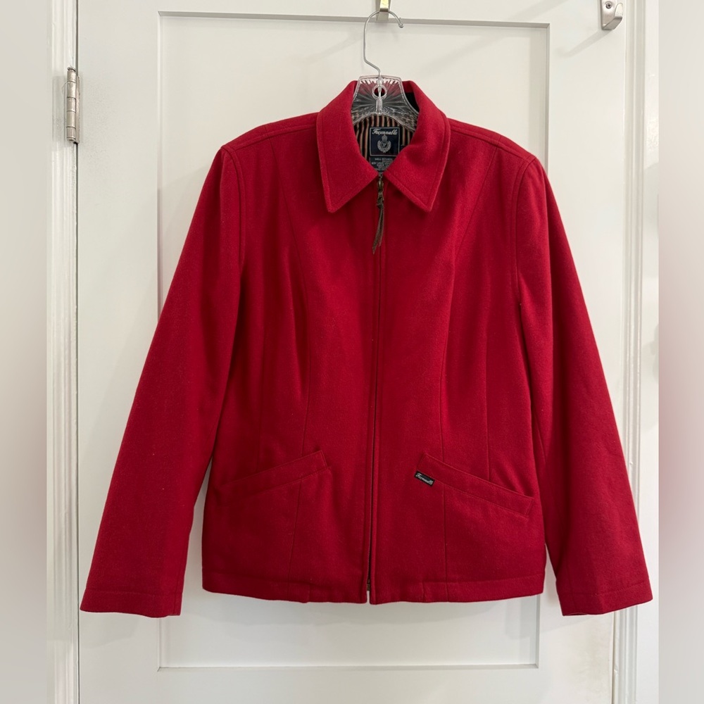 Façonnable red wool blend zip up collared jacket (w/padding at back + shoulders)